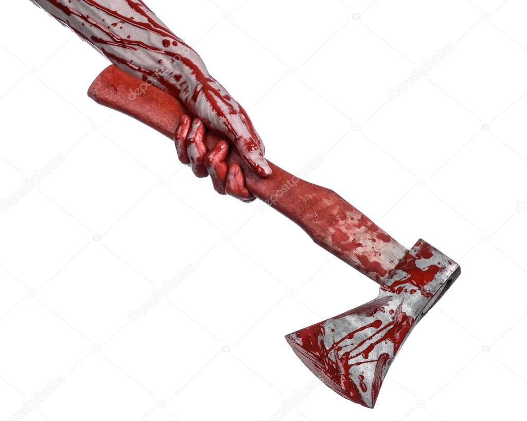 Bloody Halloween theme: bloody hand holding a bloody butcher's ax isolated on white background in studio