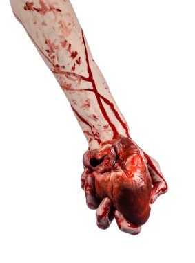 Kan ve Halloween Tema: kanlı kadar kötü bir elle insan kalbi Studio beyaz arka plan üzerinde izole kanama yırtık tutun