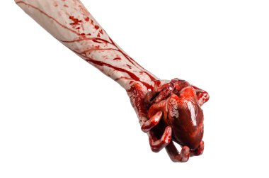 Kan ve Halloween Tema: kanlı kadar kötü bir elle insan kalbi Studio beyaz arka plan üzerinde izole kanama yırtık tutun