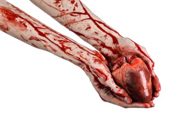 Kan ve Halloween Tema: kanlı kadar kötü bir elle insan kalbi Studio beyaz arka plan üzerinde izole kanama yırtık tutun