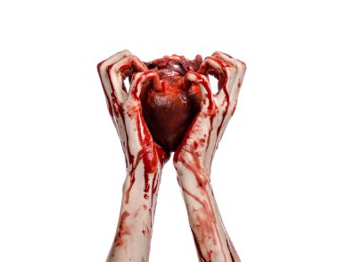Kan ve Halloween Tema: kanlı kadar kötü bir elle insan kalbi Studio beyaz arka plan üzerinde izole kanama yırtık tutun