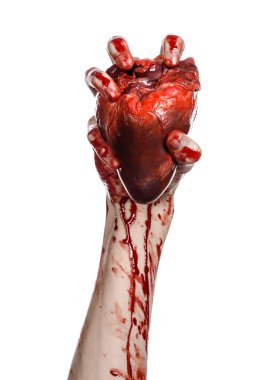 Kan ve Halloween Tema: kanlı kadar kötü bir elle insan kalbi Studio beyaz arka plan üzerinde izole kanama yırtık tutun