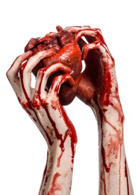 Kan ve Halloween Tema: kanlı kadar kötü bir elle insan kalbi Studio beyaz arka plan üzerinde izole kanama yırtık tutun