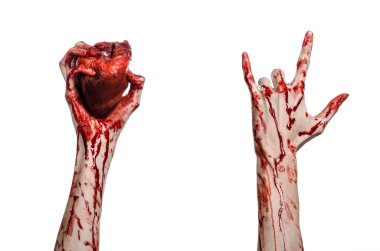 Kan ve Halloween Tema: kanlı kadar kötü bir elle insan kalbi Studio beyaz arka plan üzerinde izole kanama yırtık tutun