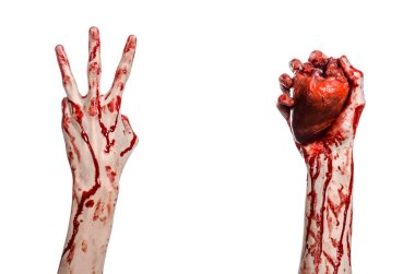 Kan ve Halloween Tema: kanlı kadar kötü bir elle insan kalbi Studio beyaz arka plan üzerinde izole kanama yırtık tutun