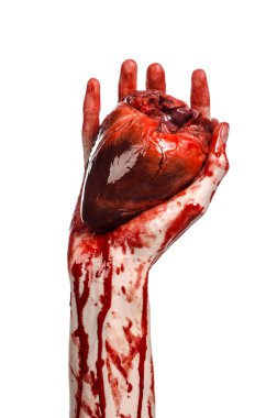 Kan ve Halloween Tema: kanlı kadar kötü bir elle insan kalbi Studio beyaz arka plan üzerinde izole kanama yırtık tutun