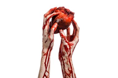 Kan ve Halloween Tema: kanlı kadar kötü bir elle insan kalbi Studio beyaz arka plan üzerinde izole kanama yırtık tutun
