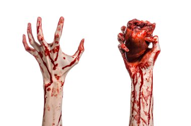 Kan ve Halloween Tema: kanlı kadar kötü bir elle insan kalbi Studio beyaz arka plan üzerinde izole kanama yırtık tutun