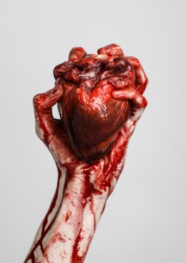 Kan ve Halloween Tema: kanlı kadar kötü bir elle insan kalbi Studio gri arka plan üzerinde izole kanama yırtık tutun