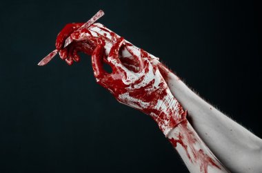 Bloody hands in gloves with the scalpel, black background, isolated, doctor, killer, maniac clipart