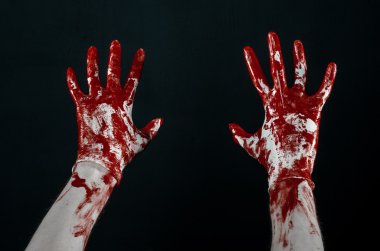 Beyaz eldiven, bir neşter, bir çivi, siyah arka plan, zombi, iblis, manyak kanlı eller