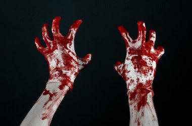 Beyaz eldiven, bir neşter, bir çivi, siyah arka plan, zombi, iblis, manyak kanlı eller