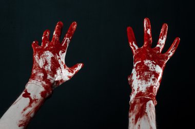 Beyaz eldiven, bir neşter, bir çivi, siyah arka plan, zombi, iblis, manyak kanlı eller