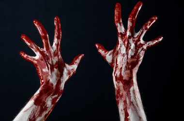 Beyaz eldiven, bir neşter, bir çivi, siyah arka plan, zombi, iblis, manyak kanlı eller