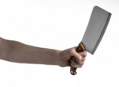 Bir bıçak et, satır, elinde bir bıçak, bir büyük bıçak, bıçak, mutfak Tema, beyaz arka plan, izole, Şef kasap bıçağı tutan el
