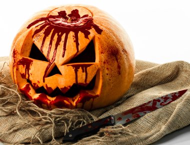Kabak, jack fener, kabak halloween, halloween Tema, kabak katil, kanlı bıçak, çanta, ip, izole beyaz arka plan, kanlı