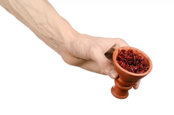 Tópico de narguilé: Barman segurando uma tigela de barro com tabaco para narguilé isolado em fundo branco — Fotografia de Stock