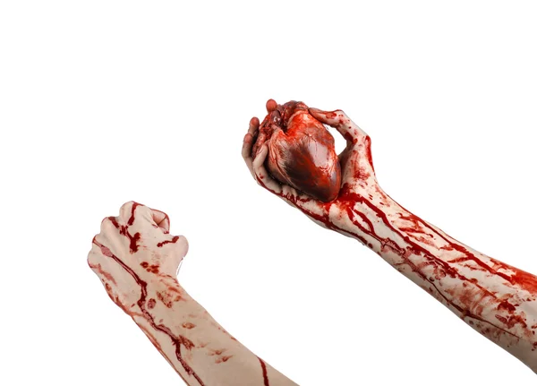 Sang et thème d'Halloween : terrible prise de main sanglante cœur humain déchiré isolé sur fond blanc en studio — Photo