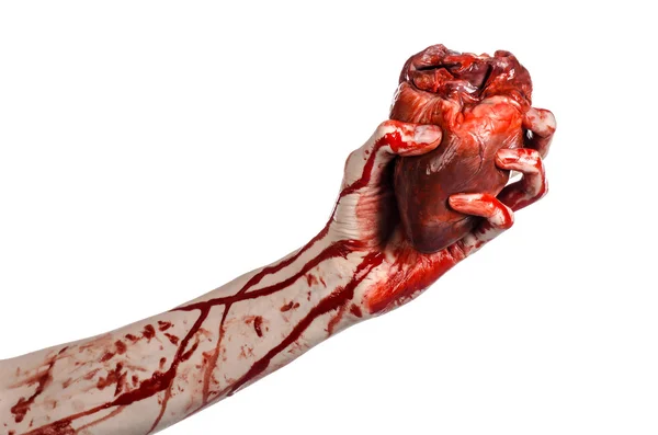 Blood and Halloween theme: terrible bloody hand hold torn bleeding human heart isolated on white background in studio — Stock Photo, Image