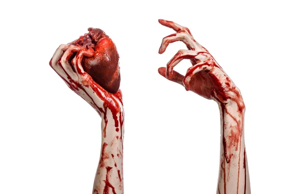 血液和万圣节主题: 可怕的血腥手举行撕裂出血孤立在工作室中的白色背景上的人类心 — 图库照片