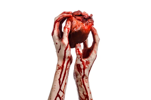 Blod och Halloween tema: fruktansvärda blodiga hand hålla sönderrivna blödning mänskliga hjärtat isolerad på vit bakgrund i studio — Stockfoto