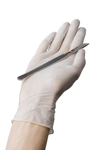 Scalpel in hand in glove on white background, isolated — Stock Photo, Image