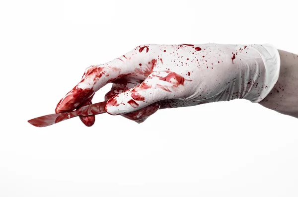 Bloody hands in gloves with the scalpel, white background, isolated, doctor, killer, maniac — Stock Photo, Image