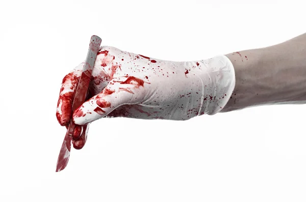 Bloody hands in gloves with the scalpel, white background, isolated, doctor, killer, maniac — Stock Photo, Image