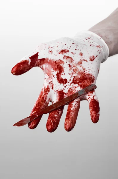 Bloody hands in gloves with the scalpel, white background, isolated, doctor, killer, maniac — Stock Photo, Image