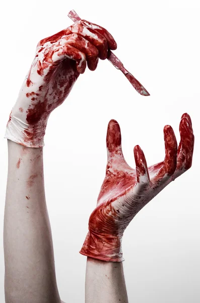 Bloody hands in gloves with the scalpel, white background, isolated, doctor, killer, maniac — Stock Photo, Image