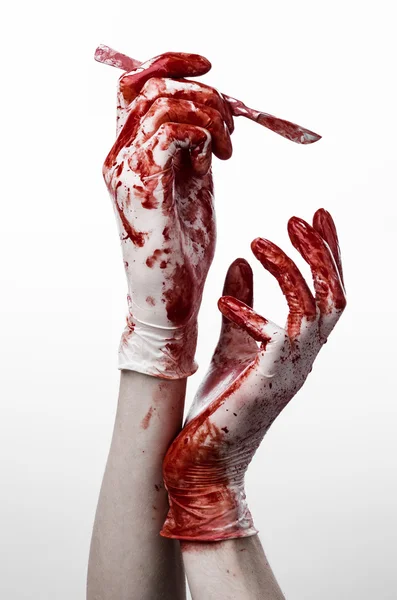 Bloody hands in gloves with the scalpel, white background, isolated, doctor, killer, maniac — Stock Photo, Image