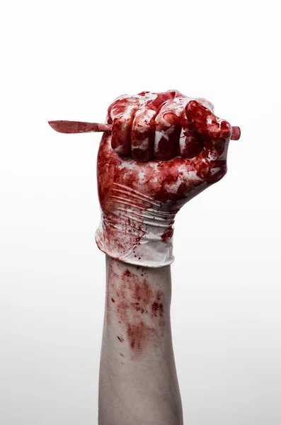 Bloody hands in gloves with the scalpel, white background, isolated, doctor, killer, maniac — Stock Photo, Image