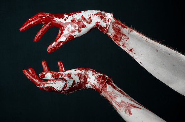Bloody hands in white gloves, a scalpel, a nail, black background, zombie, demon, maniac