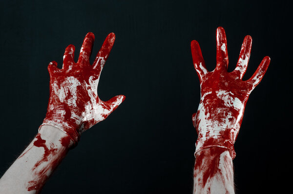 Bloody hands in white gloves, a scalpel, a nail, black background, zombie, demon, maniac