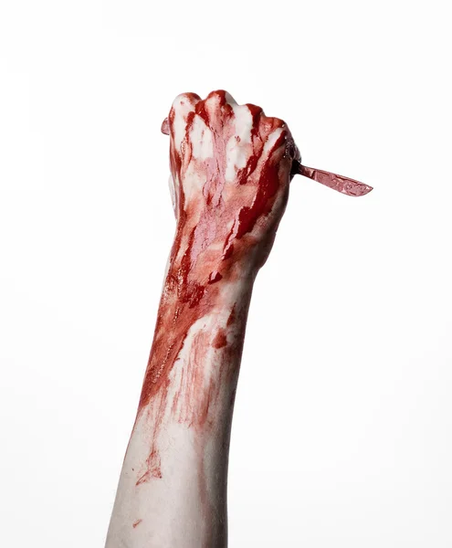 Bloody mão com um bisturi, um prego, fundo branco, zumbi, demônio, maníaco — Fotografia de Stock