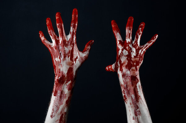Bloody hands in white gloves, a scalpel, a nail, black background, zombie, demon, maniac