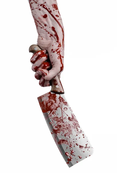 Bloody Halloween theme: bloody hand holding a large bloody kitchen knife on a white background isolated — Stock Photo, Image