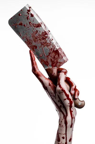 Bloody Halloween theme: bloody hand holding a large bloody kitchen knife on a white background isolated — Stock Photo, Image