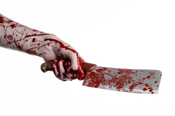 Bloody Halloween theme: bloody hand holding a large bloody kitchen knife on a white background isolated — Stock Photo, Image