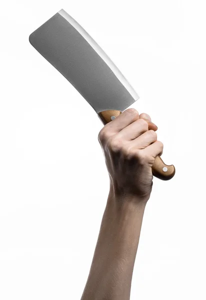 Рука тримає ніж для м'яса, розумник, шеф-кухар тримає ніж, великий ніж, кухонний ніж, кухонний предмет, білий фон, ізольований, м'ясний ніж — стокове фото