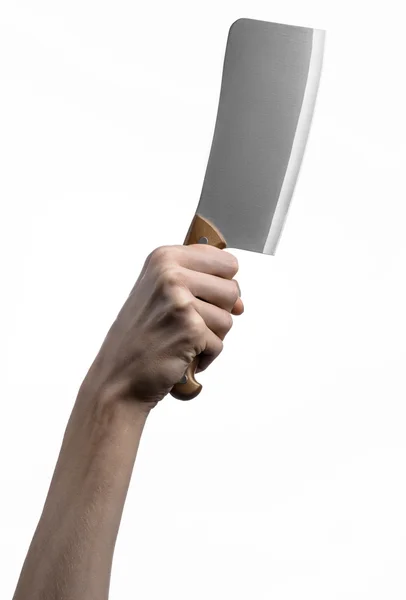 Hand met een mes voor vlees, cleaver, chef-kok met een mes, een groot mes, keukenmes, keuken thema, witte achtergrond, geïsoleerd, slagersmes — Stockfoto