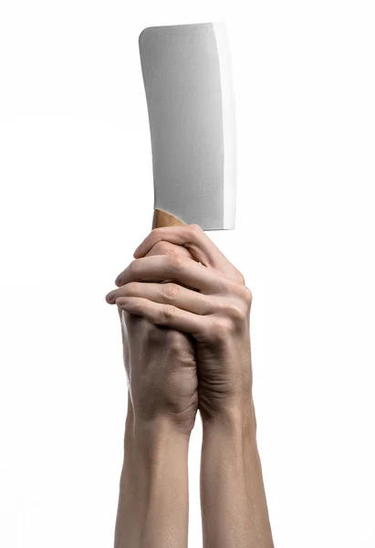 Hand hält ein Messer für Fleisch, Spalter, Koch hält ein Messer, ein großes Messer, Küchenmesser, Küchenthema, weißer Hintergrund, isoliert, Fleischermesser — Stockfoto