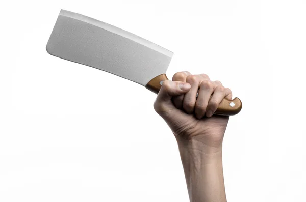 Рука тримає ніж для м'яса, розумник, шеф-кухар тримає ніж, великий ніж, кухонний ніж, кухонний предмет, білий фон, ізольований, м'ясний ніж — стокове фото