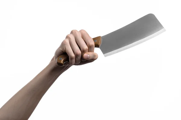 Hand met een mes voor vlees, cleaver, chef-kok met een mes, een groot mes, keukenmes, keuken thema, witte achtergrond, geïsoleerd, slagersmes — Stockfoto
