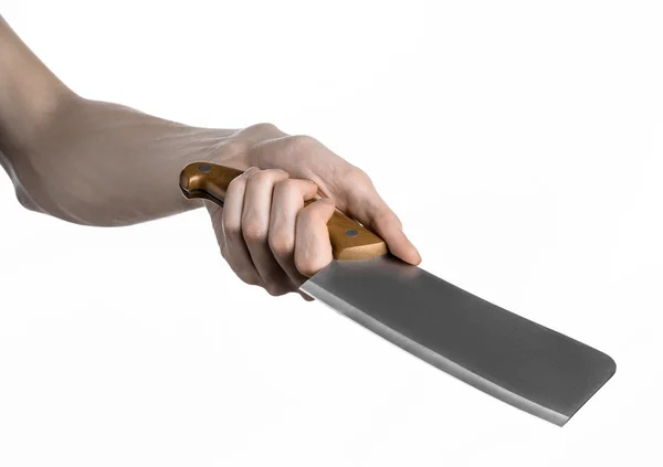 Hand met een mes voor vlees, cleaver, chef-kok met een mes, een groot mes, keukenmes, keuken thema, witte achtergrond, geïsoleerd, slagersmes — Stockfoto