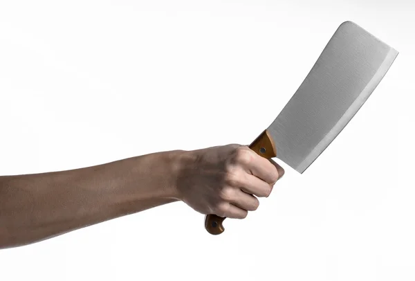 Mână care deține un cuțit pentru carne, cleaver, bucătar care deține un cuțit, un cuțit mare, cuțit de bucătărie, temă de bucătărie, fundal alb, izolat, cuțit de măcelar — Fotografie, imagine de stoc