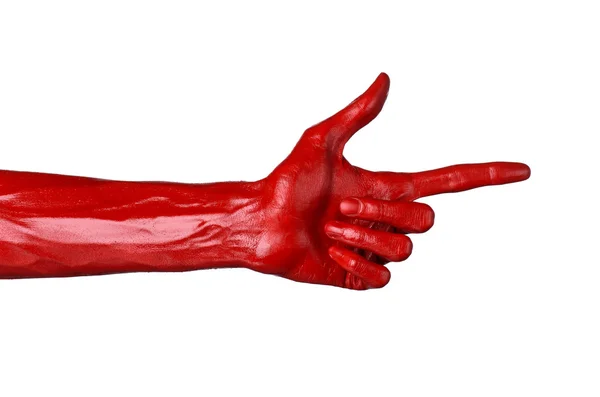 Mano roja sobre fondo blanco, aislada, pintura — Foto de Stock