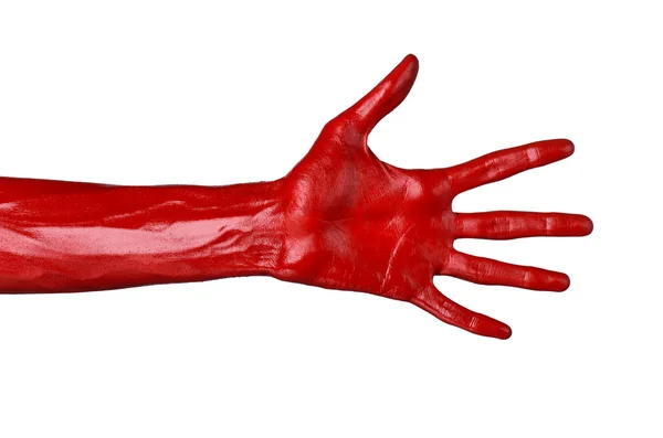 Красная рука на белом фоне, изолированные, краска — стоковое фото