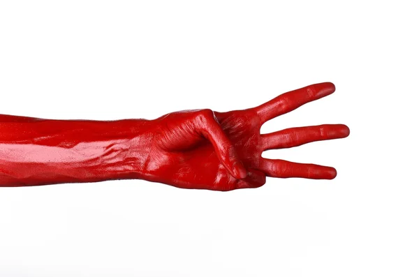 Mano roja sobre fondo blanco, aislada, pintura —  Fotos de Stock