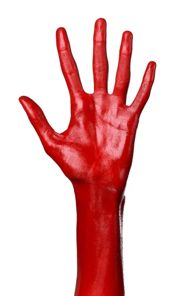 Main rouge sur fond blanc, isolée, peinture — Photo